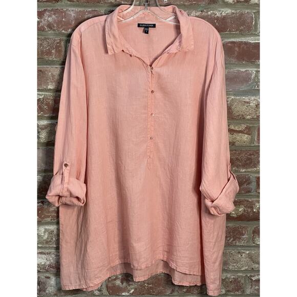Eileen Fisher Irish Linen Popover Collared Tunic‎ Top Lagenlook Melon size Large - Picture 2 of 11